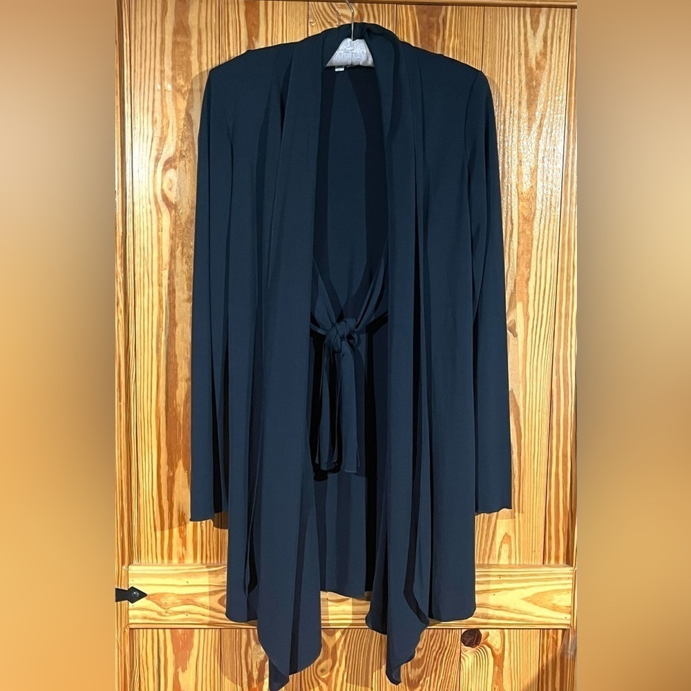CAbi Waterfall Shawl Neck Tie Front Flowy Cardigan Jacket in Navy Blue